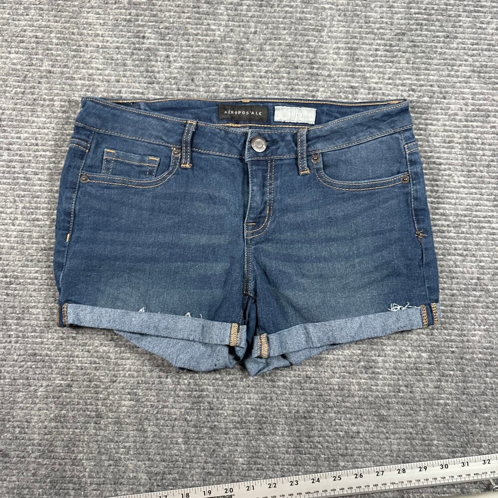 Aeropostale Denim Shorts Womens 6 Blue Excellent Midi Cuffed Stretch Dark Wash